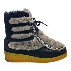 Vintage SNOWLAND Boots Women Size 6 Black Gray Suede Shearling Faux Fur Outdoor